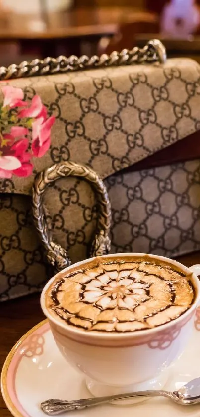 Elegant designer handbag with coffee art in stylish mobile wallpaper.