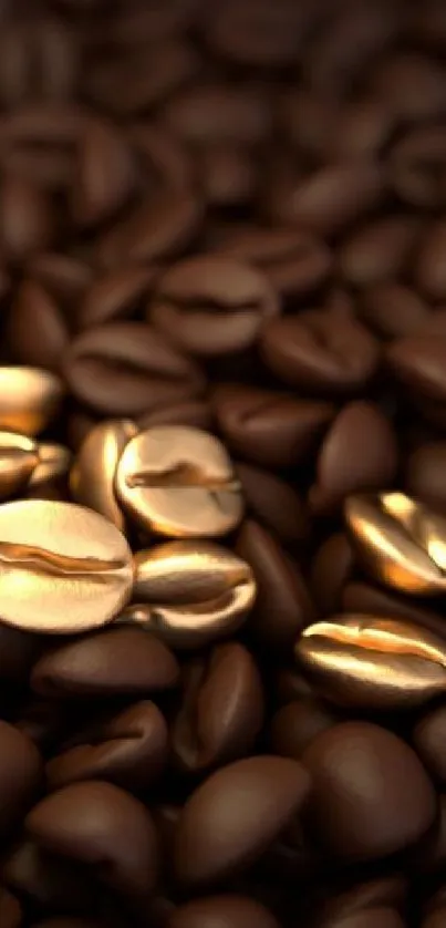 A stylish wallpaper of coffee beans with gold accents, for mobile devices.