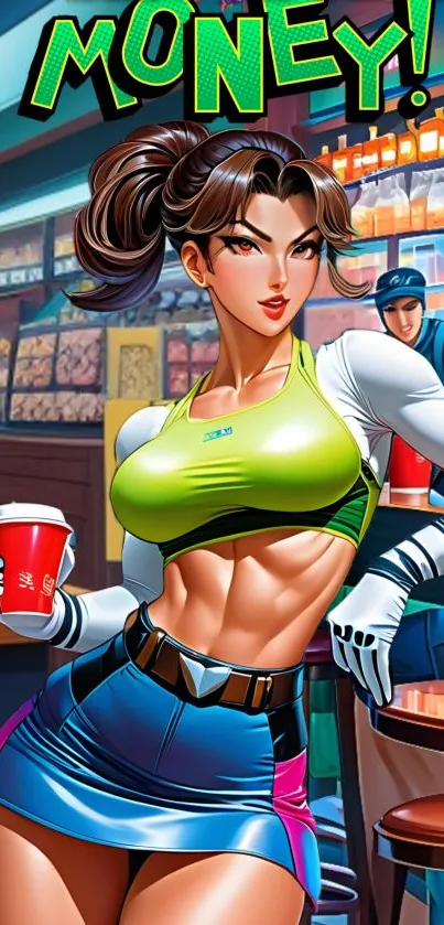 Vibrant art of a character in a lively coffee shop scene.