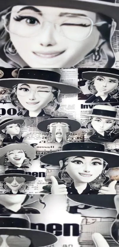 Collage wallpaper with character in monochrome design.