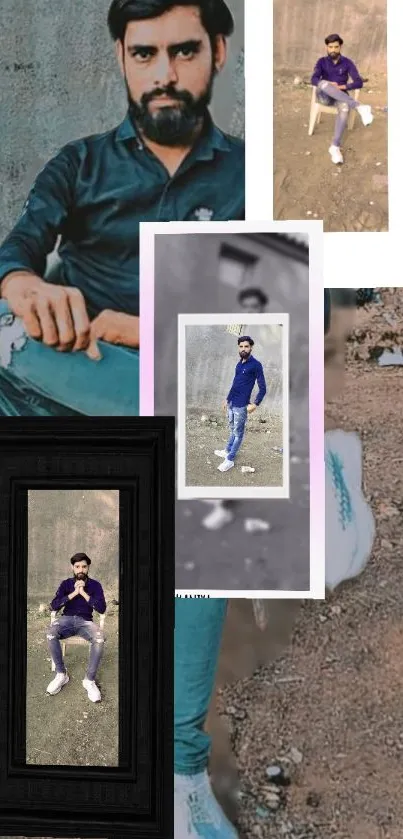 Collage image of a stylish man in a modern, casual pose against an urban backdrop.