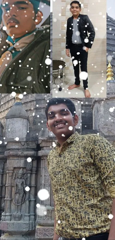 Stylish collage with temple background and snowfall in mobile wallpaper.