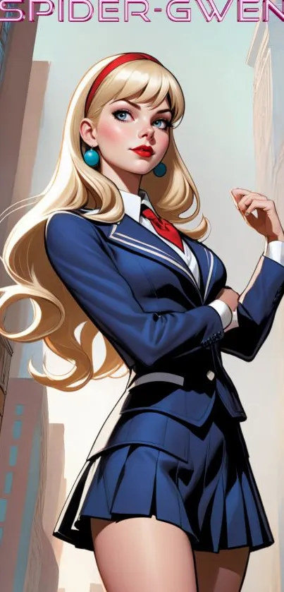 Stylish superheroine in navy blue outfit poses in urban cityscape wallpaper.