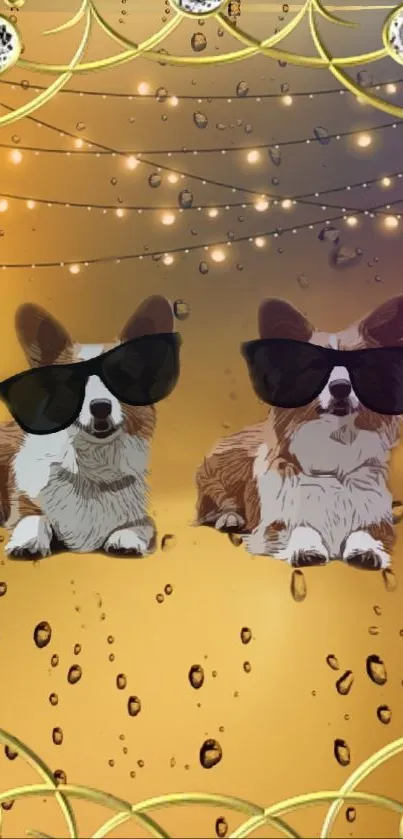 Corgis wearing sunglasses with festive lights and jewels on a golden background.