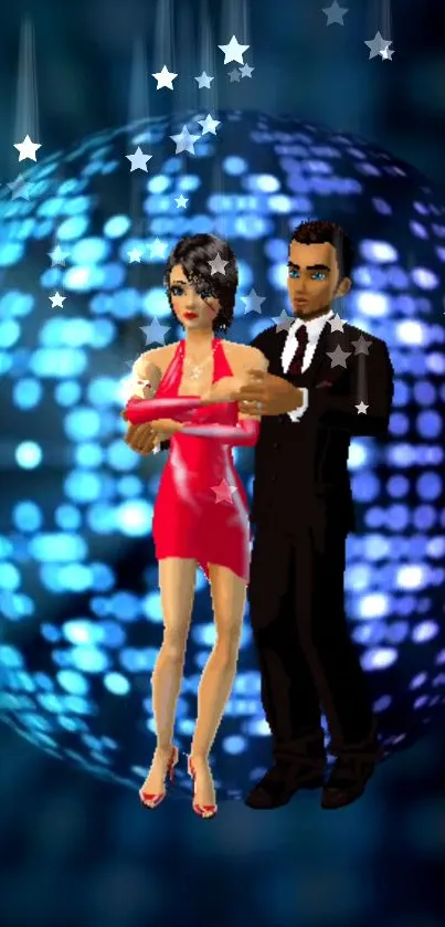 Elegant couple dancing against a vibrant disco background wallpaper.