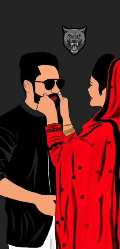 Stylized illustration of a modern couple with a red scarf on a black background.