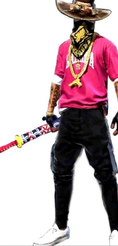 Cowboy character in vibrant pink attire holding a decorated saber.