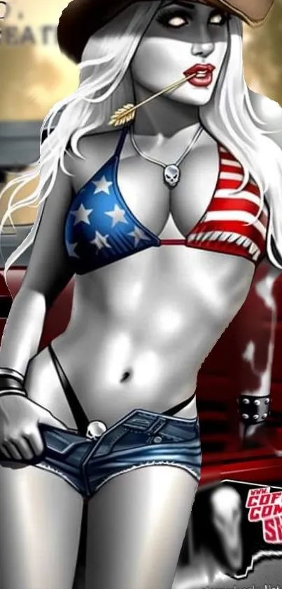 Stylish cowgirl with patriotic elements in a cartoon design.