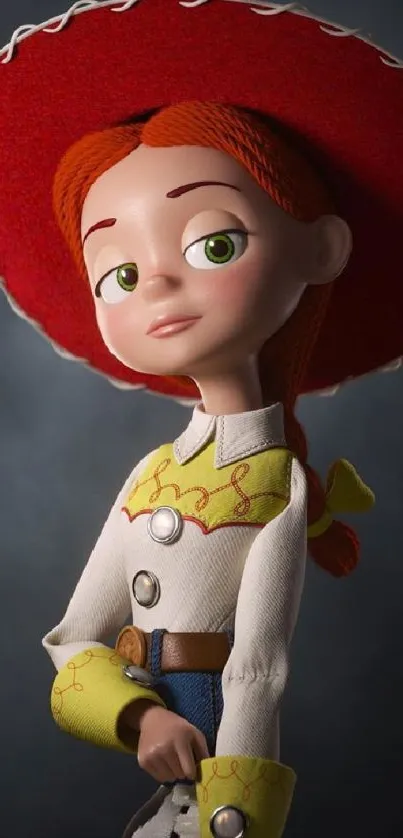 Animated cowgirl character with red hat and moody background.