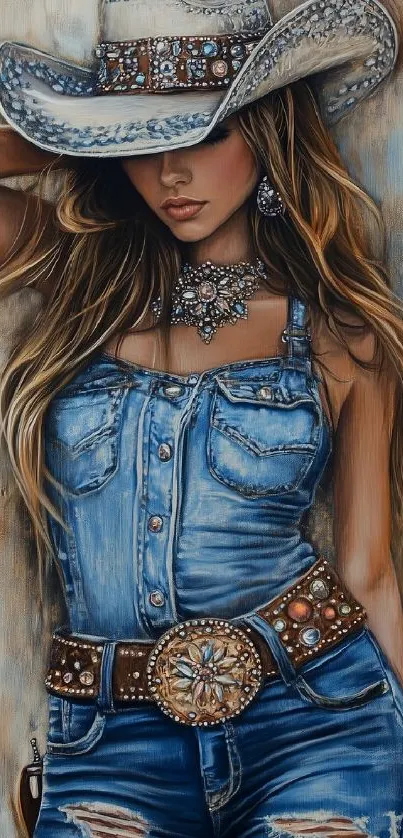 Artistic portrait of a cowgirl in denim.