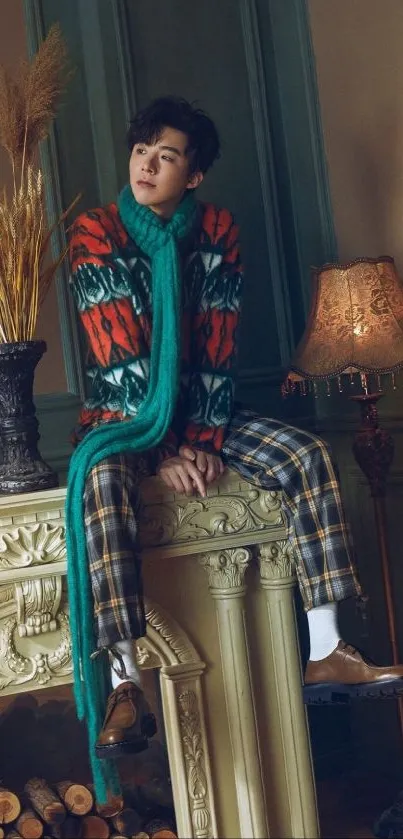 Person sits on fireplace with a teal scarf in a cozy room.