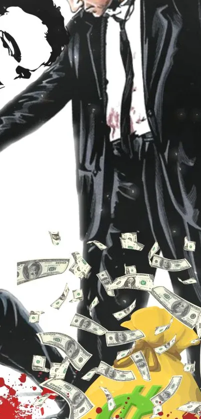 Noir style artwork with money flying and figures in black suits.