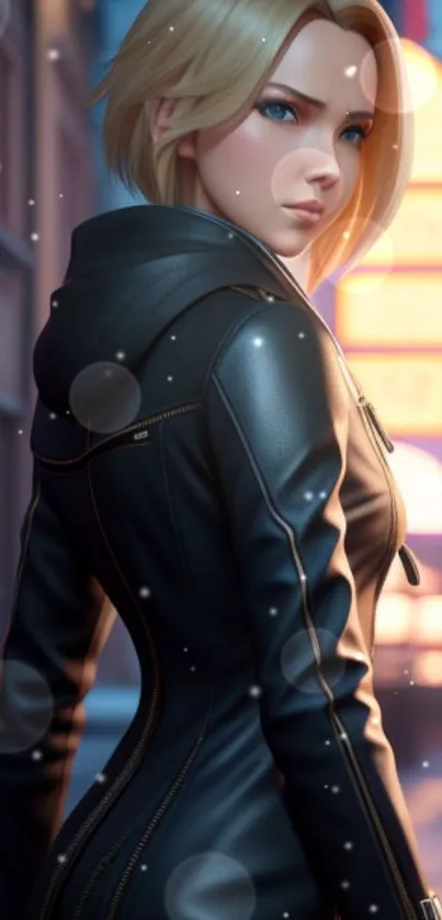 Cyberpunk character in leather jacket in a futuristic urban setting.