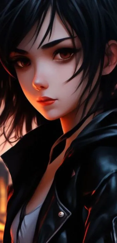 Anime girl in black leather jacket wallpaper.