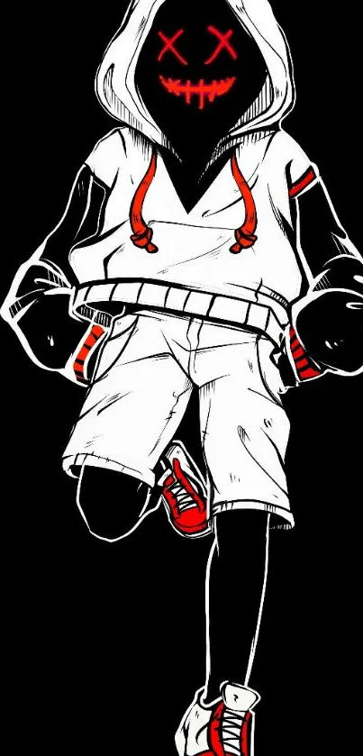 Stylish dark hoodie figure with red accents on mobile wallpaper.