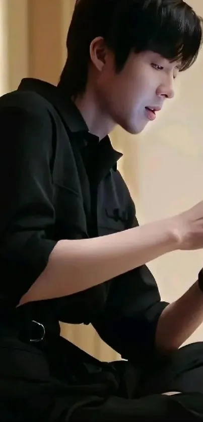 Person in black outfit using a smartphone, creating a dark and stylish look.