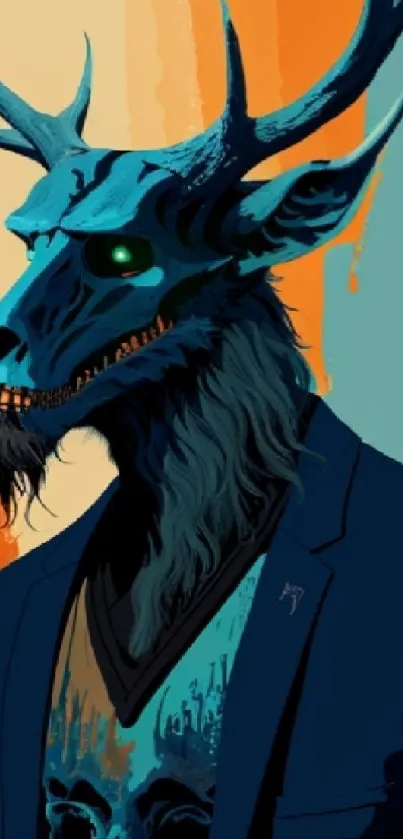 Stylish deer-headed creature in a suit with vibrant teal and orange hues.