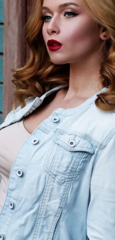 Woman in a denim jacket with vibrant makeup.