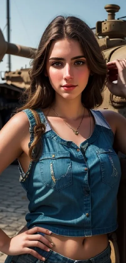 Model in denim with vintage machinery background, perfect mobile wallpaper.