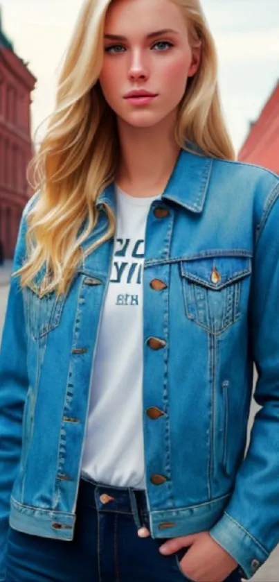 Person in denim jacket standing in an urban setting.