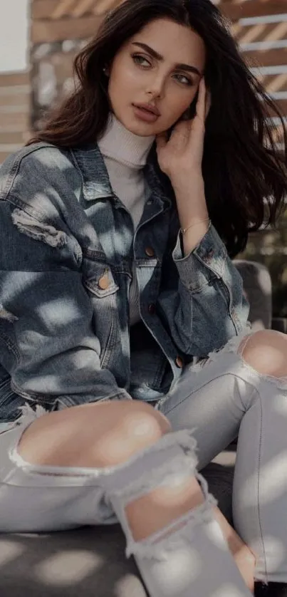 Woman in denim sitting outdoors, exuding modern fashion and style.