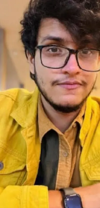 Person in yellow jacket with glasses, stylish look.