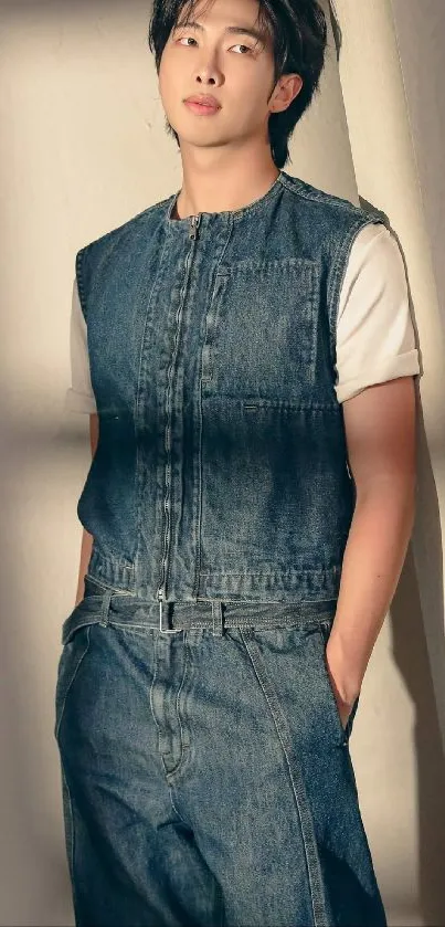 Person in stylish denim outfit leaning against a wall.