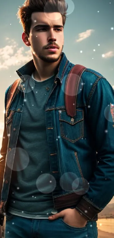 Stylish man in denim jacket at sunset.