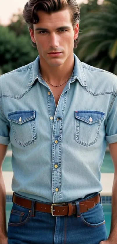 A stylish person in a light blue denim shirt next to a pool with greenery.