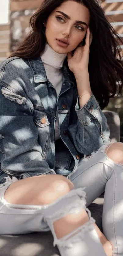 Woman in denim jacket and ripped jeans sitting outdoors.