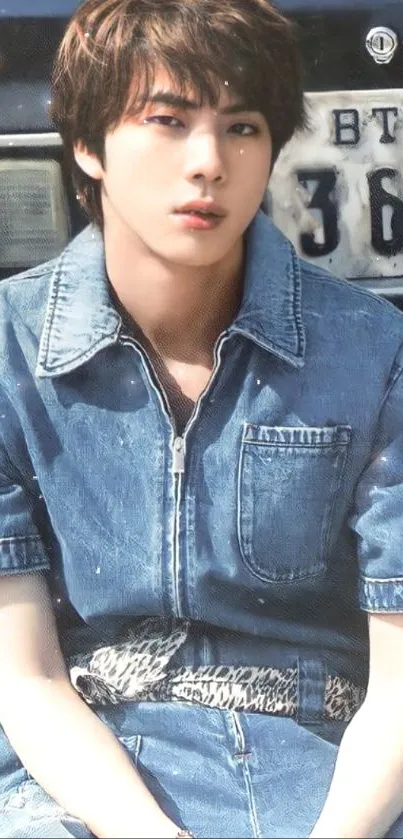 Stylish young man in denim sitting outdoors.