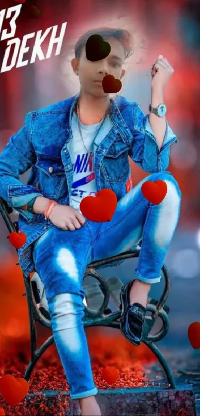 Person in denim attire on a city bench with heart accents.