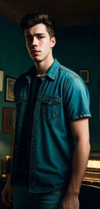 Young man in denim jacket with vintage room backdrop.