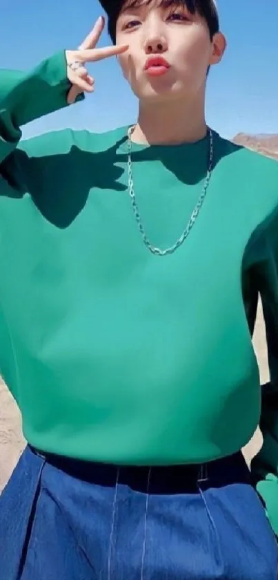 Man in stylish green shirt and blue pants in desert scenery.