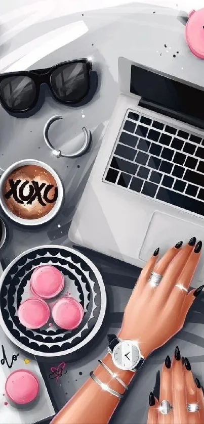 Stylish desk with pink accents and essentials in a trendy layout.