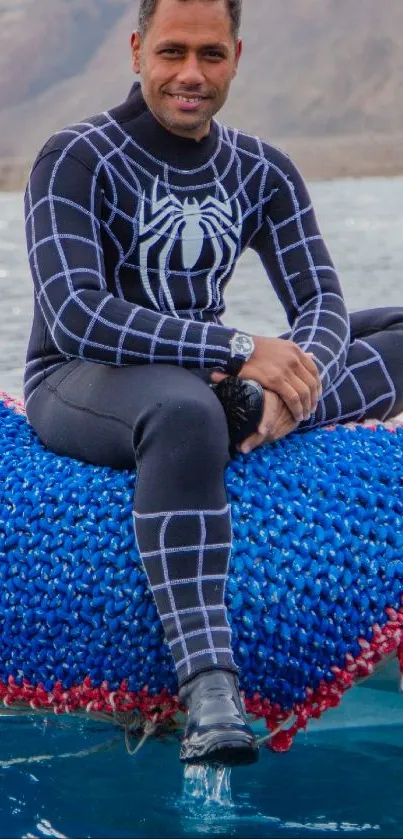 Diver in black wetsuit on a blue raft in scenic waters.