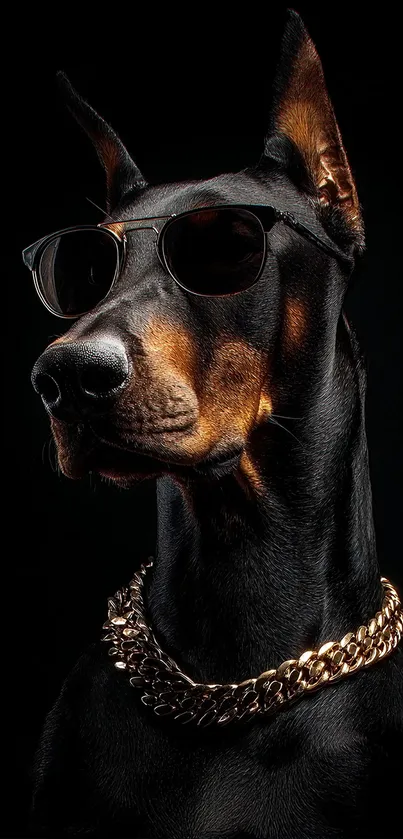 Doberman with sunglasses and chain on black background.
