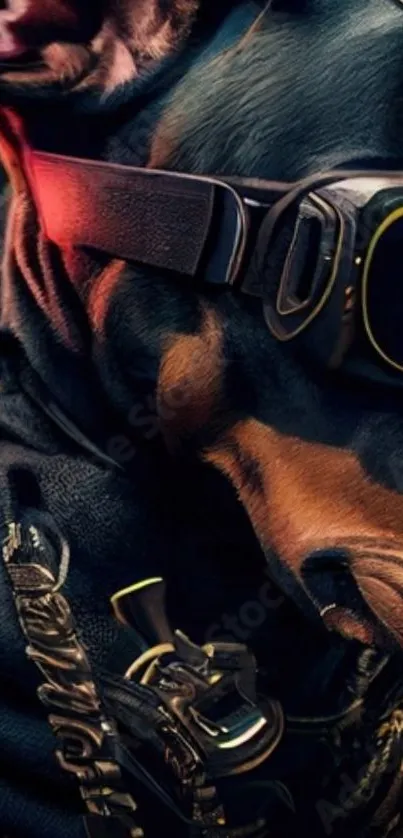 Doberman wearing stylish sunglasses and accessories, close-up portrait.