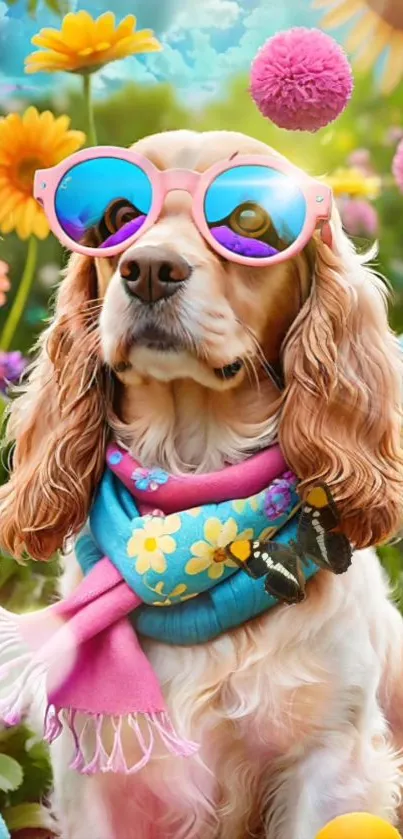 Adorable dog wearing sunglasses in a colorful floral garden setting.