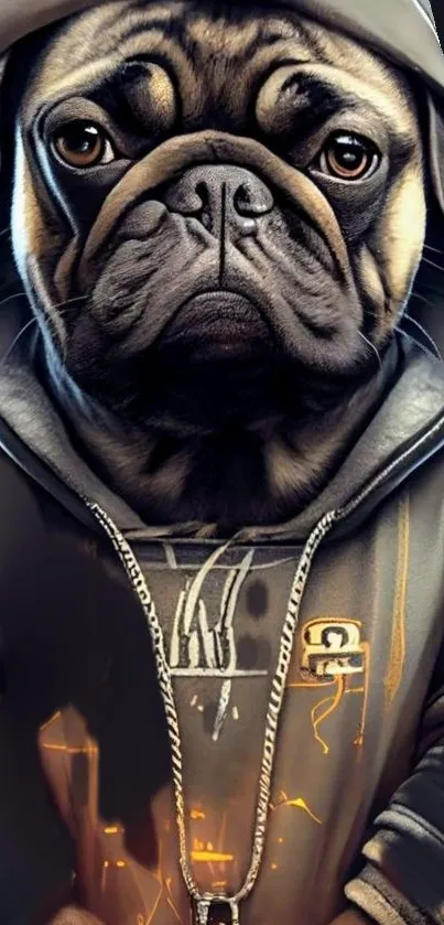 Pug dog wearing a stylish hoodie against a dark background.