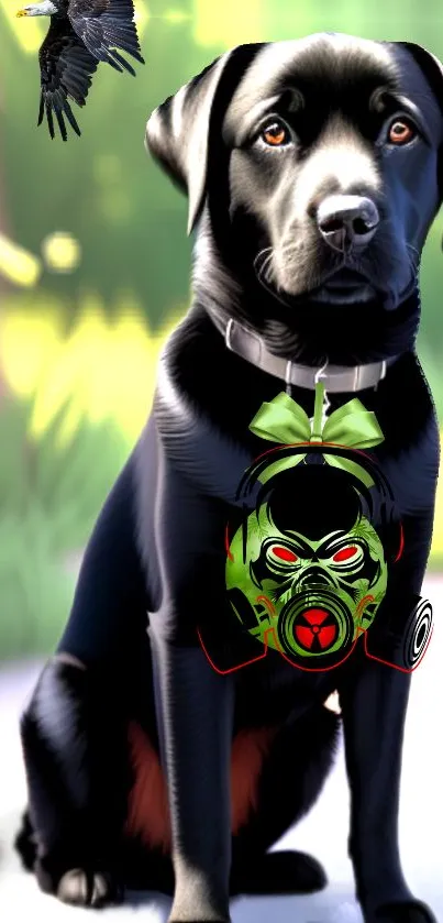 Black dog with a vibrant neon mask, set against a stylish background.