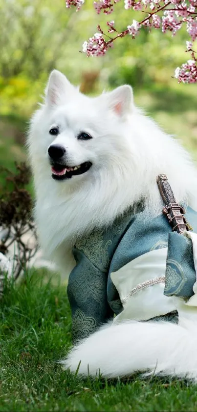 White fluffy dog in traditional attire with cherry blossoms.