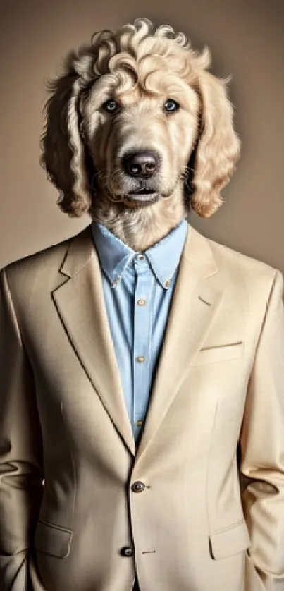 Golden retriever in a stylish beige suit against a soft background.