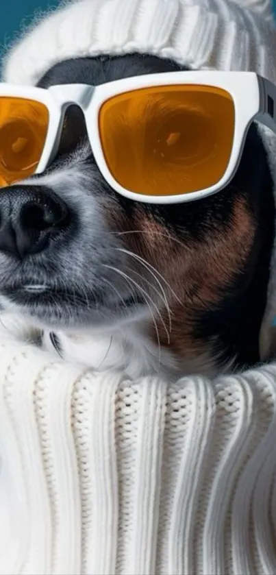 Dog in sweater with sunglasses, trendy look.