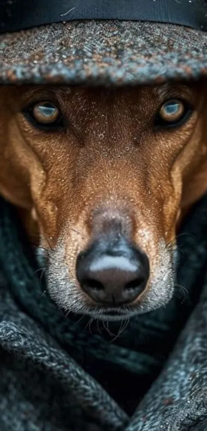 Dog dressed in a tweed coat with a hat, exuding style.