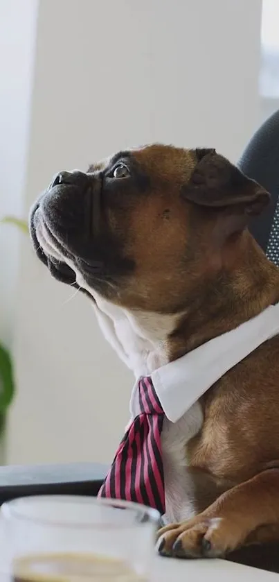 Dog dressed in a tie sitting in an office chair.