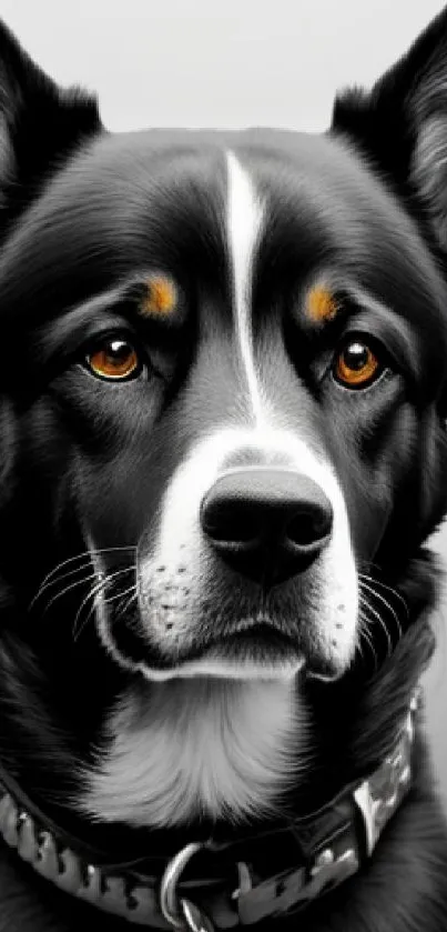 Black and white dog with amber eyes and stylish collar on gradient background.