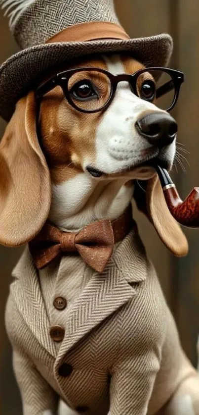 Beagle dog in vintage outfit with pipe and glasses.