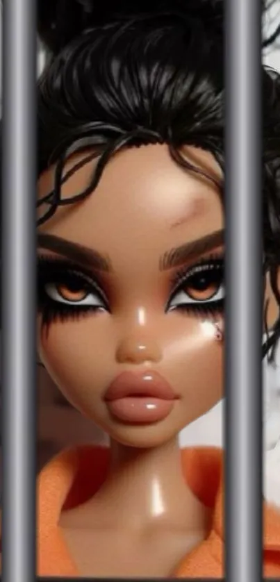 Stylish doll behind bars in a vibrant and unique wallpaper design.