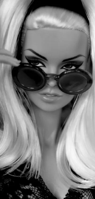 Black and white wallpaper of a stylish doll in sunglasses.